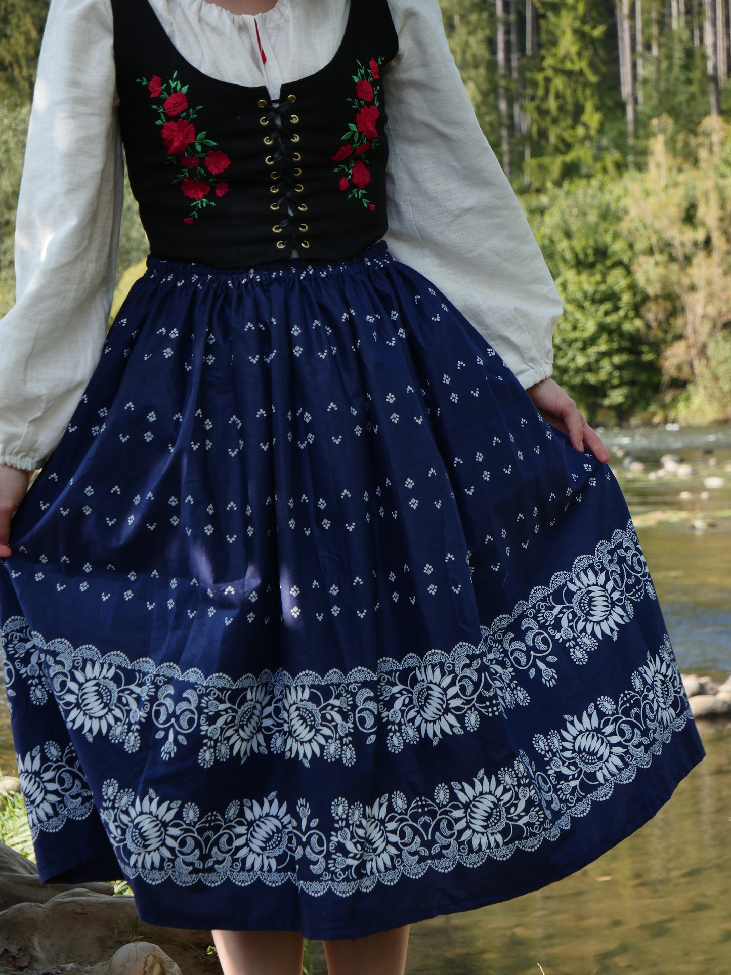 Blue Midi Skirt Sunflowers