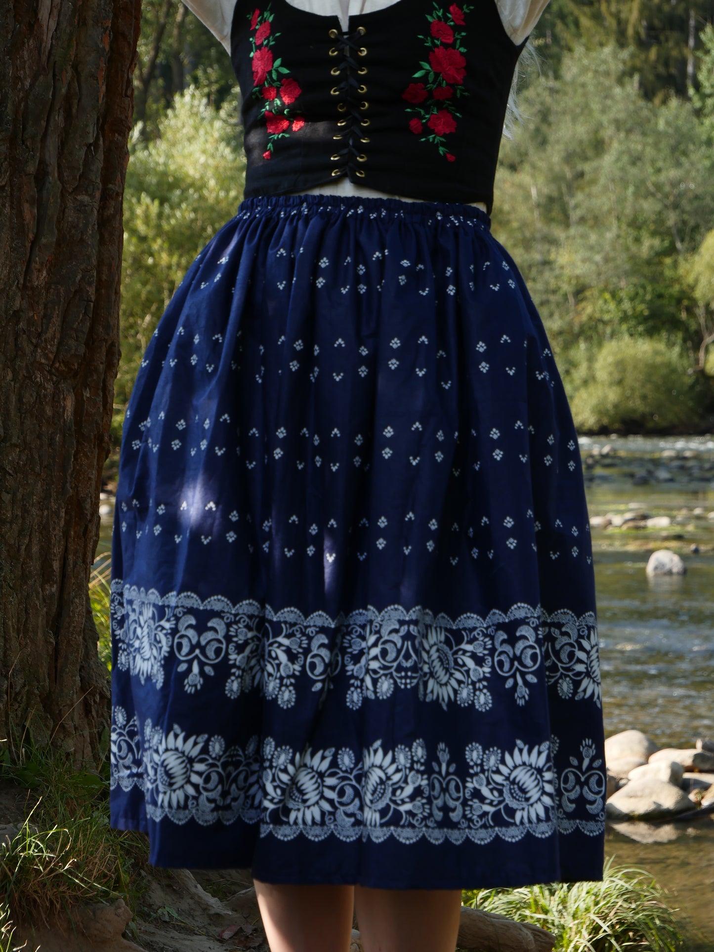 Blue Midi Skirt Sunflowers