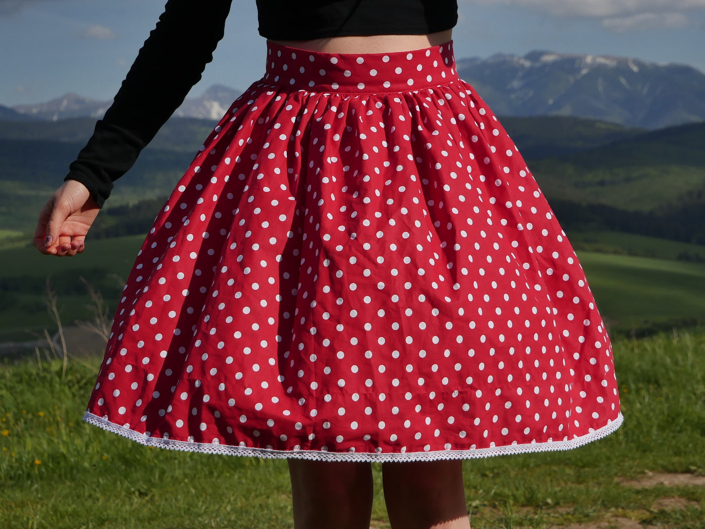 Red polka dot skirt with lace knee length