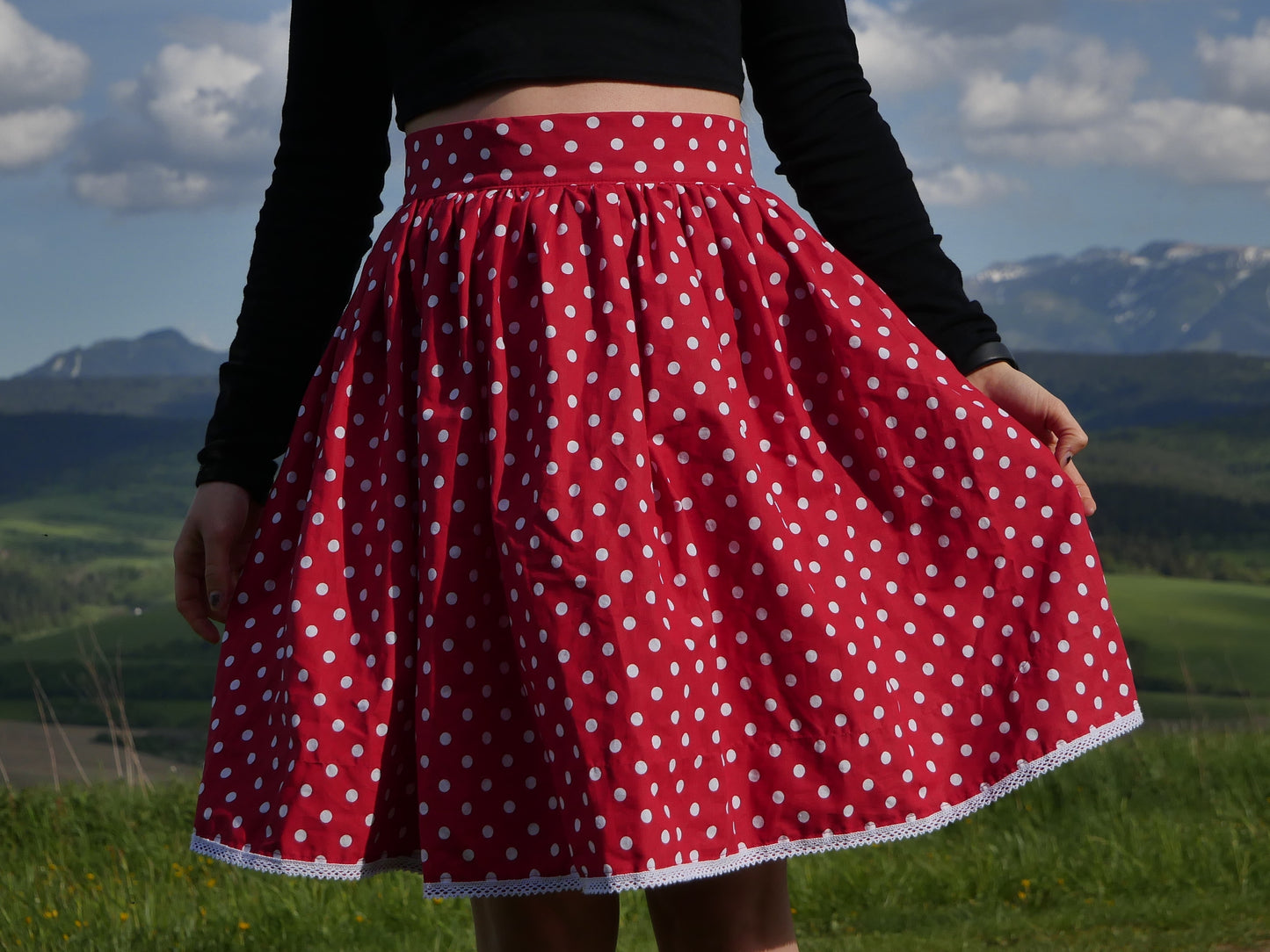 Red polka dot skirt with lace knee length