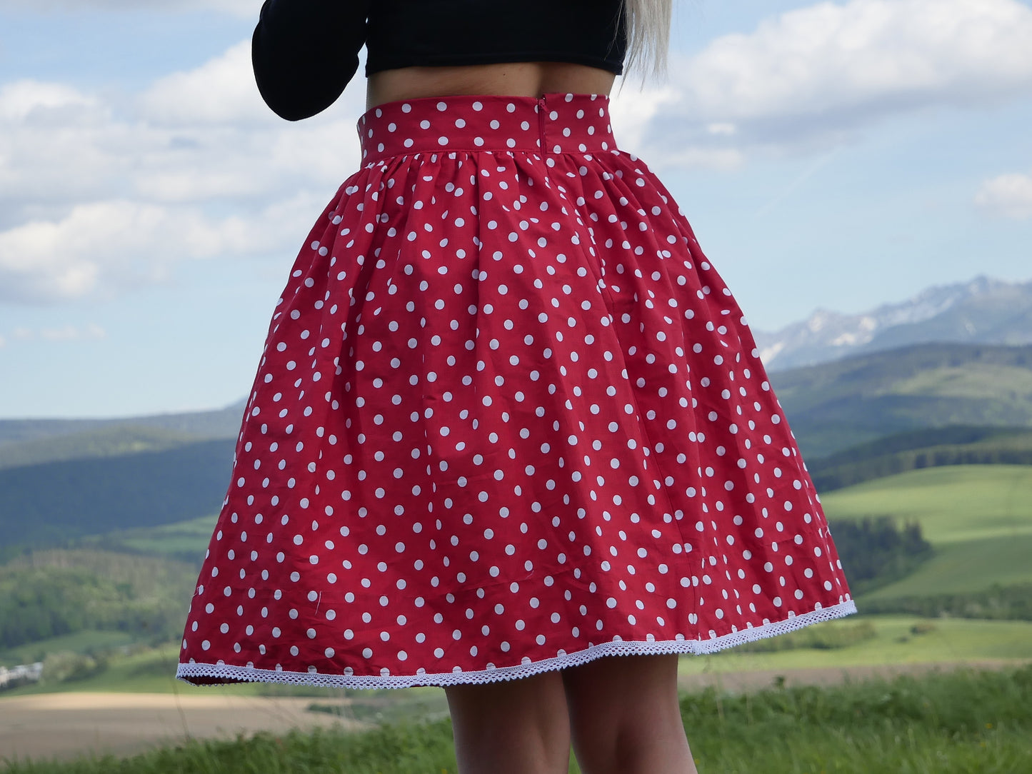 Red polka dot skirt with lace knee length